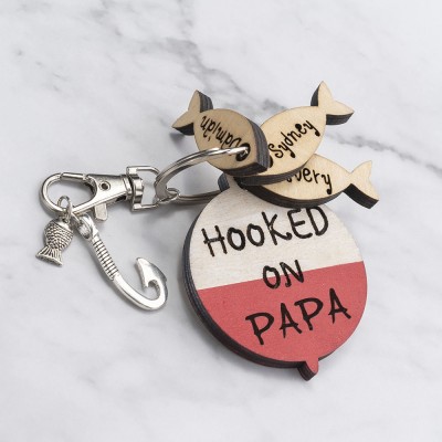 Father's Day Personalized Fishing Keychain With Kids Name We're Hooked on PAPA