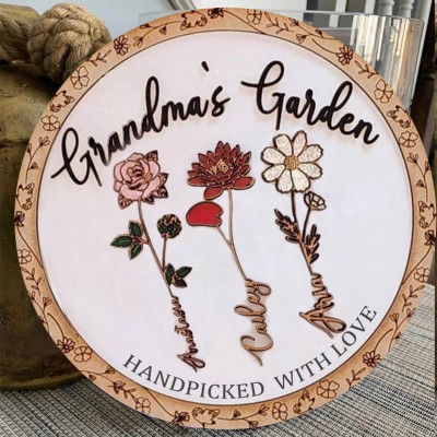 Panneau en bois de fleur de naissance de jardin de grand-mère personnalisé avec les noms des petits-enfants pour la fête des mères et Noël