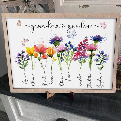Panneau personnalisé avec cadre de jardin de grand-mère, avec noms de petits-enfants et fleur de naissance, cadeau unique pour la fête des mères