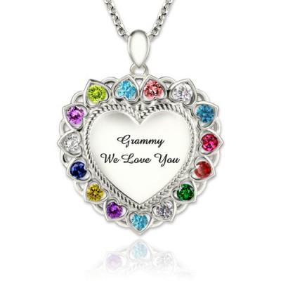 Collier de coeur d’argent de sterling avec 1-15 pierres de naissance pour grand-mère