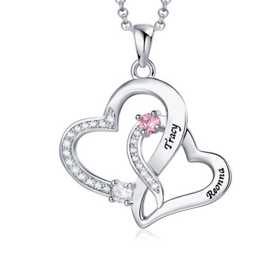 Collier double coeur personnalisé avec 2 noms et pierres de naissance