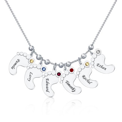 Collier de nom de charmes gravables en argent personnalisé de 1 à 6 pieds de bébé avec pierre de naissance