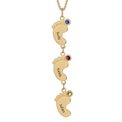 Breloques de pieds de bébé verticaux personnalisés collier de 1 à 10 noms avec pierres de naissance