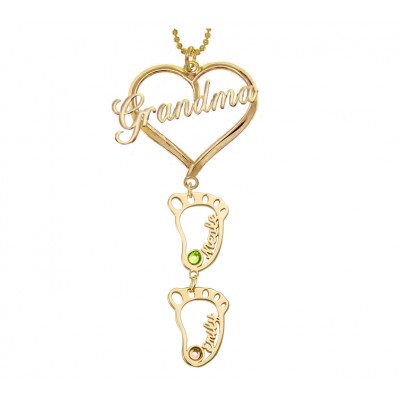 Collier personnalisé de nom de pierres de naissance de pendentif de coeur de grand-mère avec 1-10 breloques creuses de BabyFeet