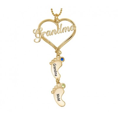  Collier de nom de pierre de naissance avec pendentif pieds de bébé coeur grand-mère personnalisé avec 1-10 breloques