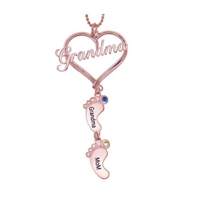  Collier de nom de pierre de naissance avec pendentif pieds de bébé coeur grand-mère personnalisé avec 1-10 breloques