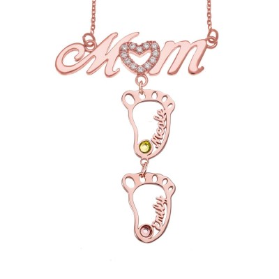 Collier personnalisé de maman de nom de BabyFeet creux 1-10 avec des pierres de naissance