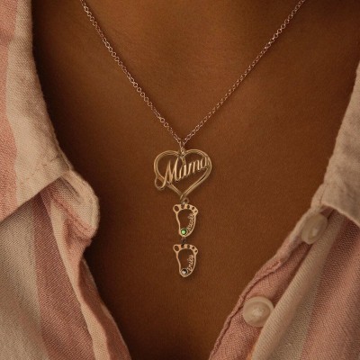  Collier de nom de pierres de naissance pendentif coeur de maman personnalisé avec 1-10 charmes de pieds de bébé creux