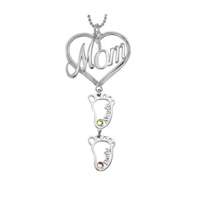 Collier de nom de pierres de naissance avec pendentif coeur maman personnalisé en argent avec 1-10 breloques BabyFeet creuses
