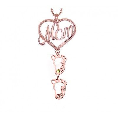 Collier personnalisé de nom de pierres de naissance de pendentif de coeur de maman avec 1-10 breloques creuses de BabyFeet