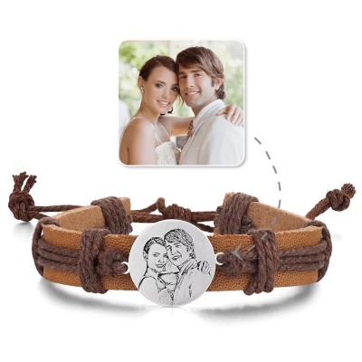 Bracelet en cuir marron pour homme avec étiquette gravée avec photo ronde