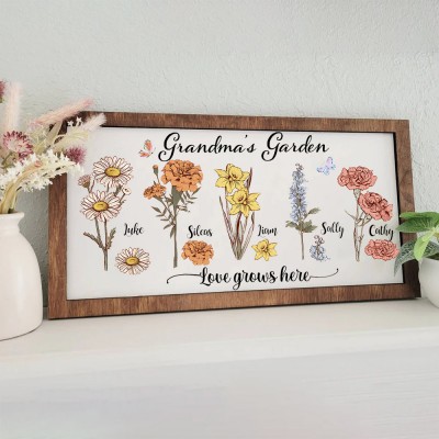 Cadre de jardin personnalisé pour grand-mère avec nom des petits-enfants et fleur du mois de naissance pour la fête des mères