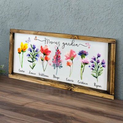 Cadre de jardin personnalisé pour maman avec noms d'enfants et fleur du mois de naissance pour la fête des mères