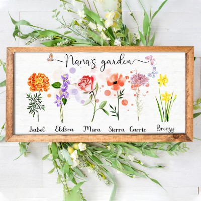 Cadre de jardin personnalisé de Nana avec noms de petits-enfants et fleur du mois de naissance pour la fête des mères