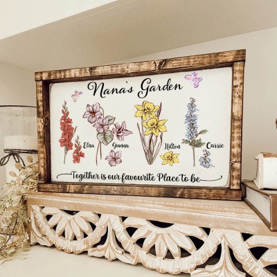 Cadre de jardin personnalisé de Nana avec le nom des petits-enfants et la fleur du mois de naissance pour la fête des mères