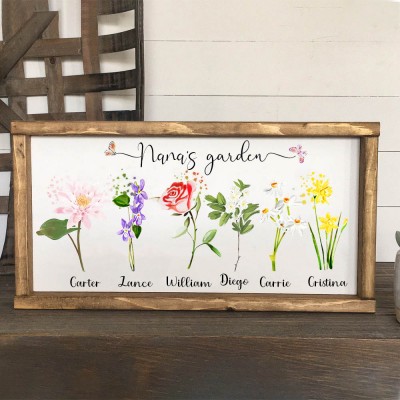 Panneau personnalisé avec cadre de jardin de grand-mère, avec noms de petits-enfants et fleur de naissance, cadeau unique pour la fête des mères