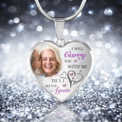 Personalized I Will Carry You With Me Til' I See You Again Memorial Heart Photo Necklace