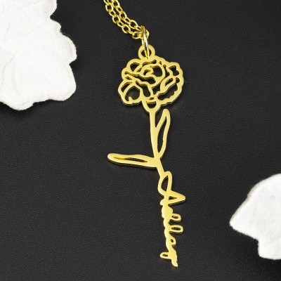 Collier Prénom Floral Personnalisé avec Fleur de Naissance Cadeau Pour Elle