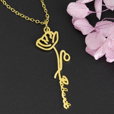 Collier Prénom Floral Personnalisé avec Fleur de Naissance Cadeau Pour Elle