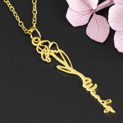 Collier Prénom Floral Personnalisé avec Fleur de Naissance Cadeau Pour Elle