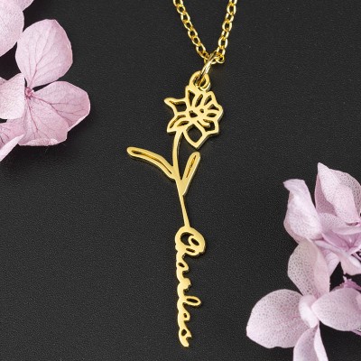 Collier Prénom Floral Personnalisé avec Fleur de Naissance Cadeau Pour Elle