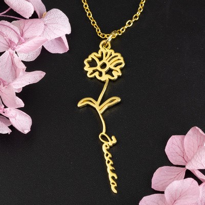 Collier Prénom Floral Personnalisé avec Fleur de Naissance Cadeau Pour Elle