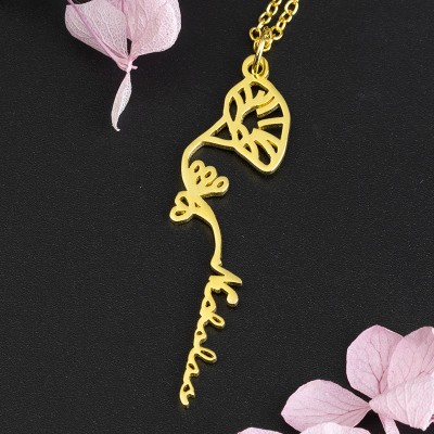 Collier Prénom Floral Personnalisé avec Fleur de Naissance Cadeau Pour Elle