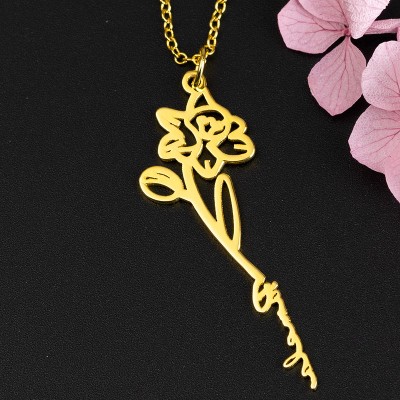 Collier Prénom Floral Personnalisé avec Fleur de Naissance Cadeau Pour Elle