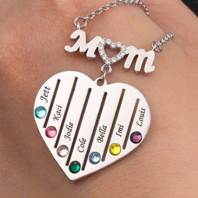 Collier Coeur Maman Personnalisé Avec Prénoms et Pierres de Naissance Enfants