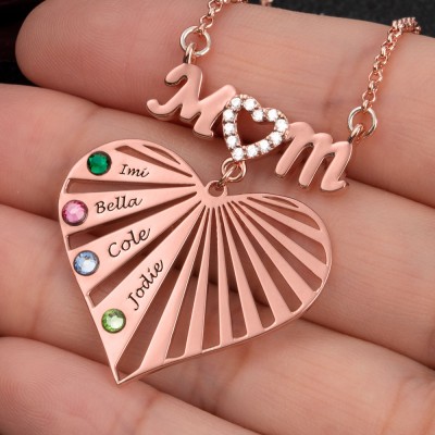 Collier Coeur de Maman Personnalisé avec Nom et Pierre de Naissance des Enfants