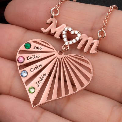 Collier Coeur de Maman Personnalisé avec Nom et Pierre de Naissance des Enfants