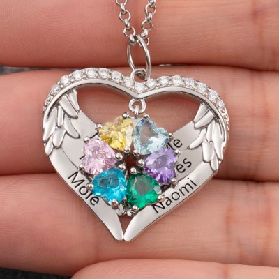 Collier coeur ailes d'ange personnalisé avec noms et pierres de naissance