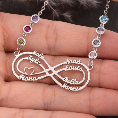 Collier infini personnalisé avec 1-8 noms et pierres de naissance pour cadeau de fête des mères