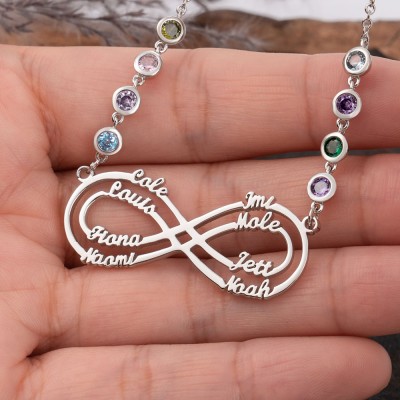 Collier infini personnalisé avec 1-8 noms et pierres de naissance pour cadeau de fête des mères