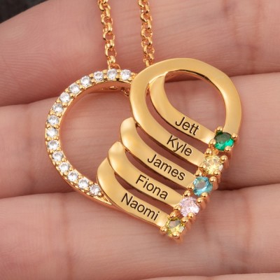 Collier coeur personnalisé avec noms et pierres de naissance pour cadeau de fête des mères