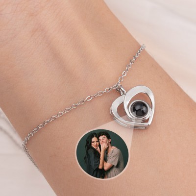 Bracelet à breloques cœur avec projection de photo commémorative personnalisée