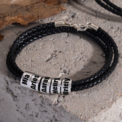 Bracelet en cuir noir personnalisé avec de petites perles d'argent cadeau d'anniversaire de Noël pour papa mari petit ami