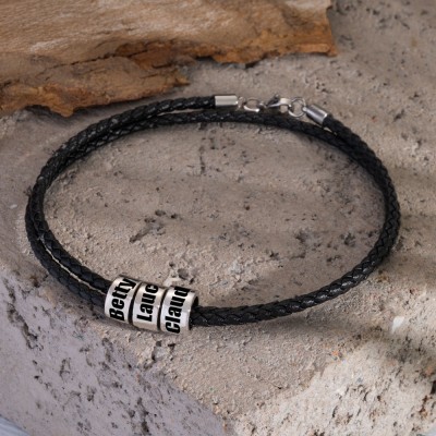 Bracelet noir personnalisé avec des perles de nom en argent cadeau d'anniversaire de Noël pour papa mari petit ami