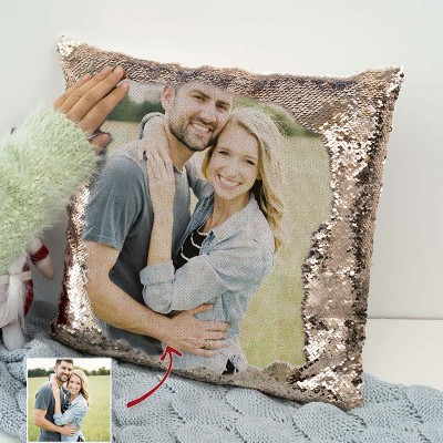 Oreiller photo personnalisé à paillettes d'or rose pour la Saint-Valentin en couple