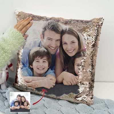 Oreiller photo personnalisé à paillettes d'or rose pour la famille