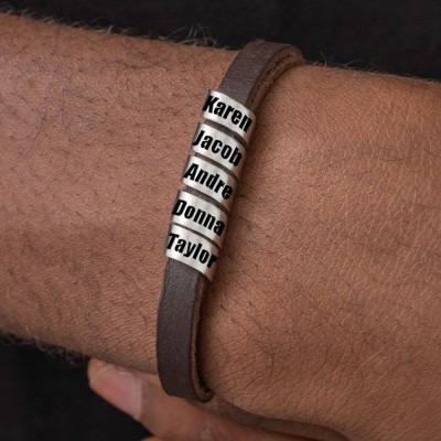 Bracelet en cuir pour homme avec perles personnalisées avec gravure cadeau d'anniversaire de Noël pour papa mari petit ami