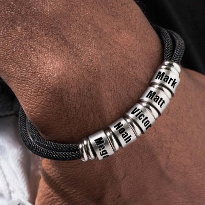Bracelet réglable cordon noir homme avec perles personnalisées cadeau d'anniversaire de Noël pour papa mari petit ami