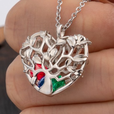 Collier pendentif en cage arbre généalogique en forme de cœur avec 1 à 8 pierres de naissance