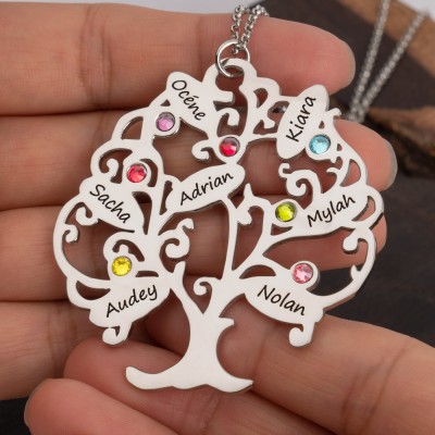 Collier Prénom Arbre Généalogique de Vie Personnalisé avec Pierre de Naissance Pour Maman