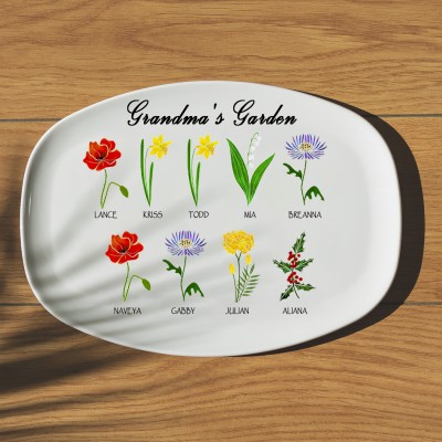 Assiette de jardin de grand-mère plateau de fleurs de mois de naissance personnalisé