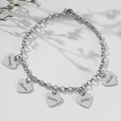 Bracelets de nom gravés par coeur personnalisé avec 1-10 cadeaux d'amour de charmes pour elle