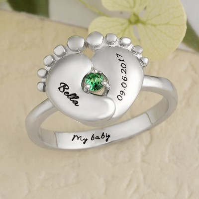 Birthstone Ring For New Mom With Engraved Baby Name | Birth Date