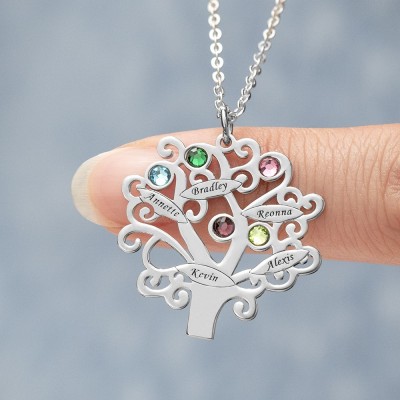 Collier d'arbre généalogique de pierres de naissance personnalisé avec 1-6 noms