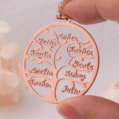 Colliers gravés par nom d'arbre généalogique de placage d'or rose 18K pour le cadeau de maman de grand-mère