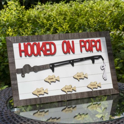Hooked on Papa Personalized Fishing Sign With Kids Name Gift For Father's Day
